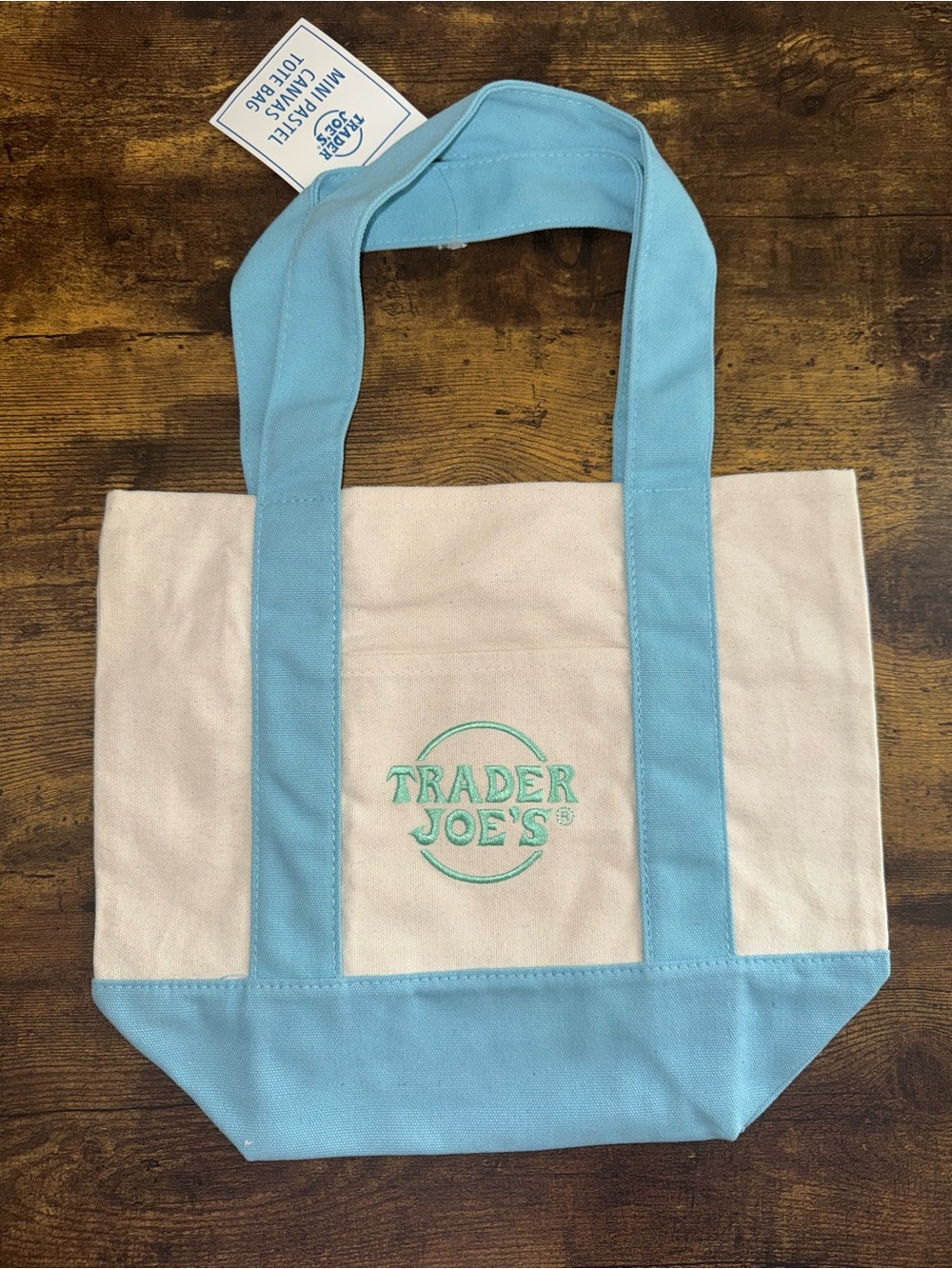 NEW TRADER JOES BLUE MINI CANVAS TOTE BAGS LIGHT BLUE CREAM